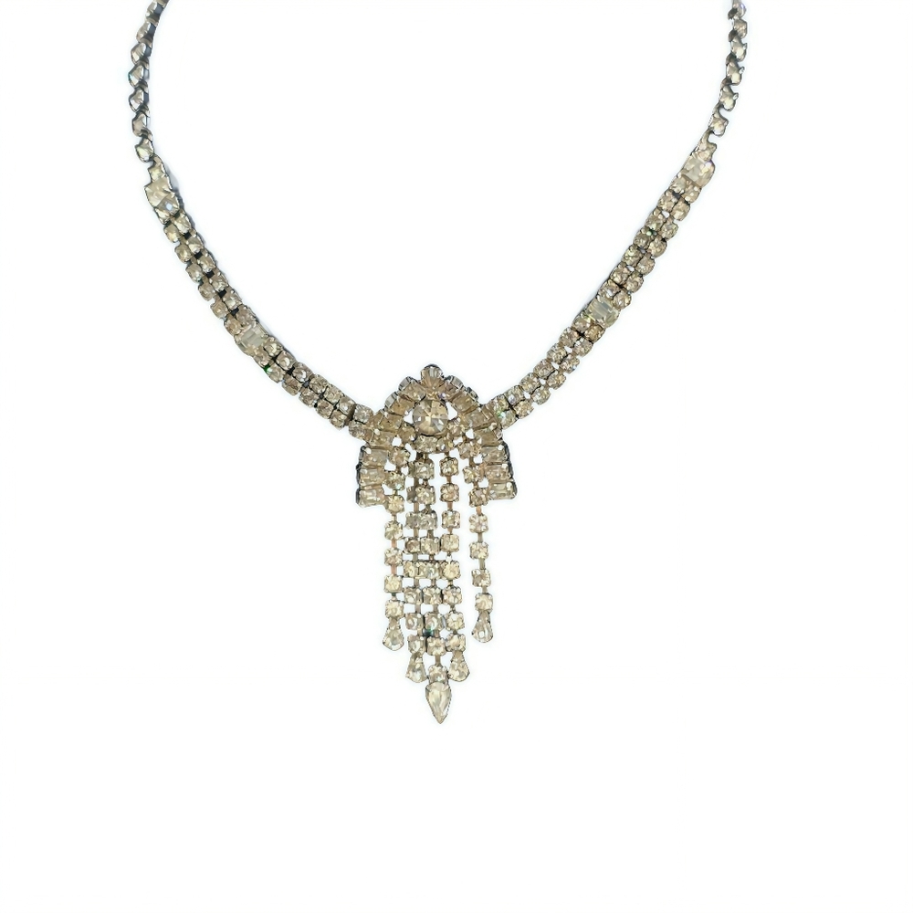 Vintage 1950s La Rel Signed Rhinestone Waterfall Necklace Silver
